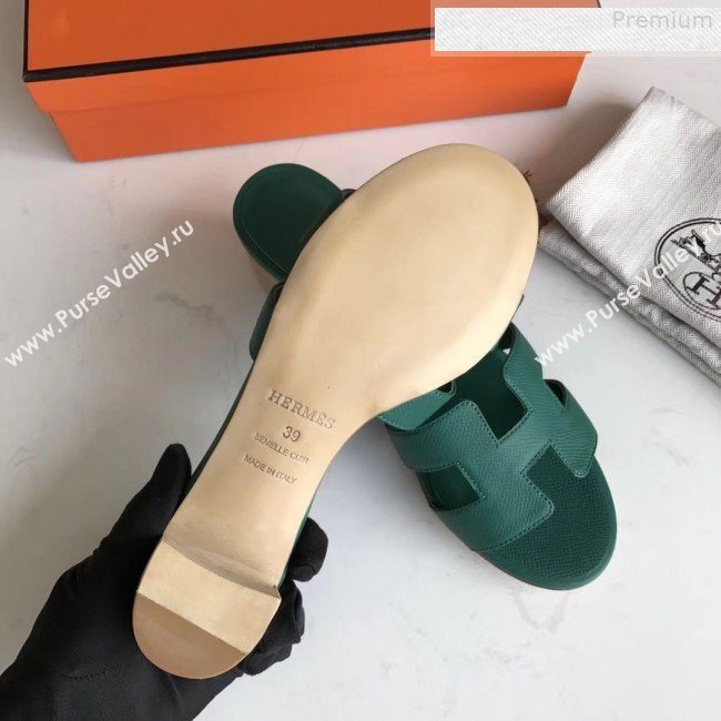 Hermes Epsom Leather Oasis Slipper Sandals With 5cm Heel Dark Green (MD-9080620)