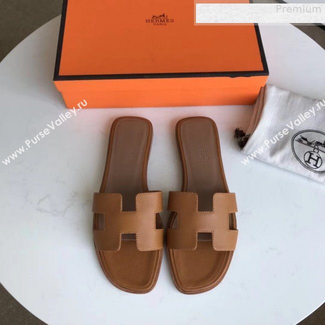 Hermes Epsom Leather Oran H Flat Slipper Sandals Brown (MD-9080621)