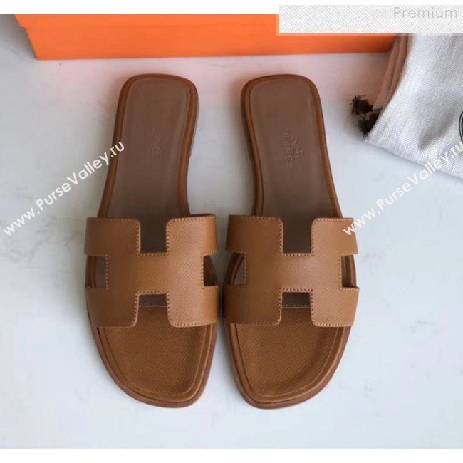 Hermes Epsom Leather Oran H Flat Slipper Sandals Brown (MD-9080621)