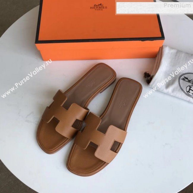 Hermes Epsom Leather Oran H Flat Slipper Sandals Brown (MD-9080621)