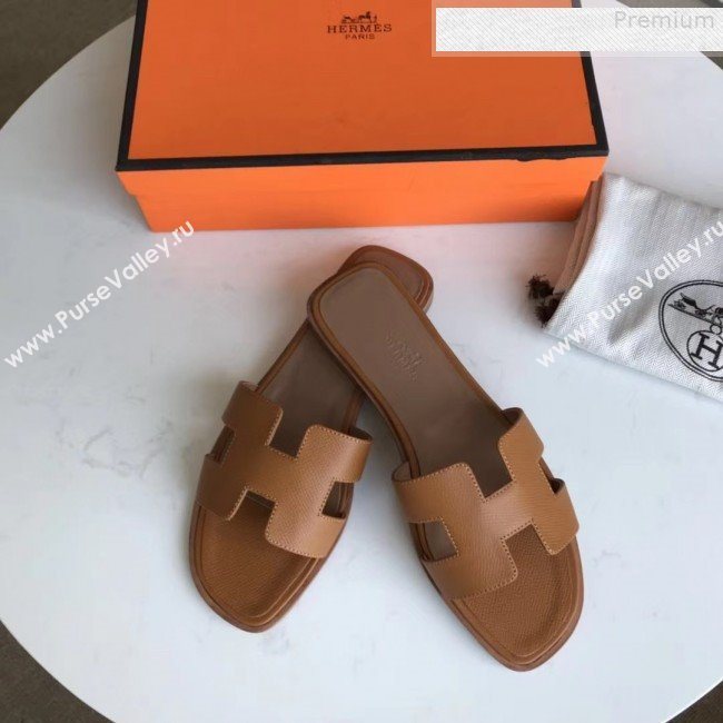 Hermes Epsom Leather Oran H Flat Slipper Sandals Brown (MD-9080621)