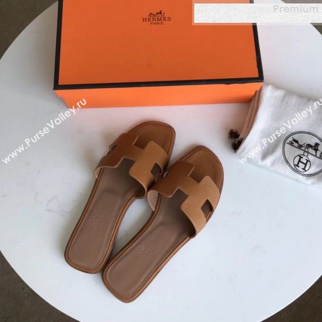 Hermes Epsom Leather Oran H Flat Slipper Sandals Brown (MD-9080621)