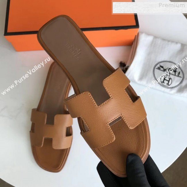 Hermes Epsom Leather Oran H Flat Slipper Sandals Brown (MD-9080621)
