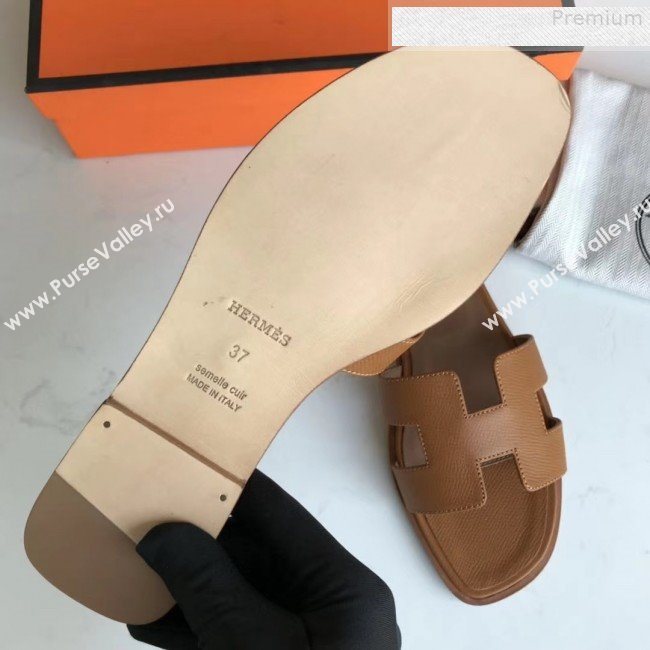 Hermes Epsom Leather Oran H Flat Slipper Sandals Brown (MD-9080621)