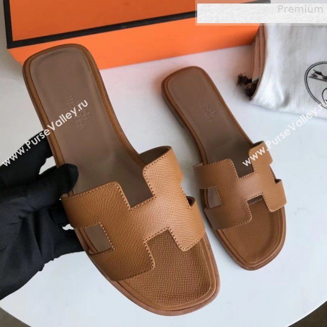 Hermes Epsom Leather Oran H Flat Slipper Sandals Brown (MD-9080621)