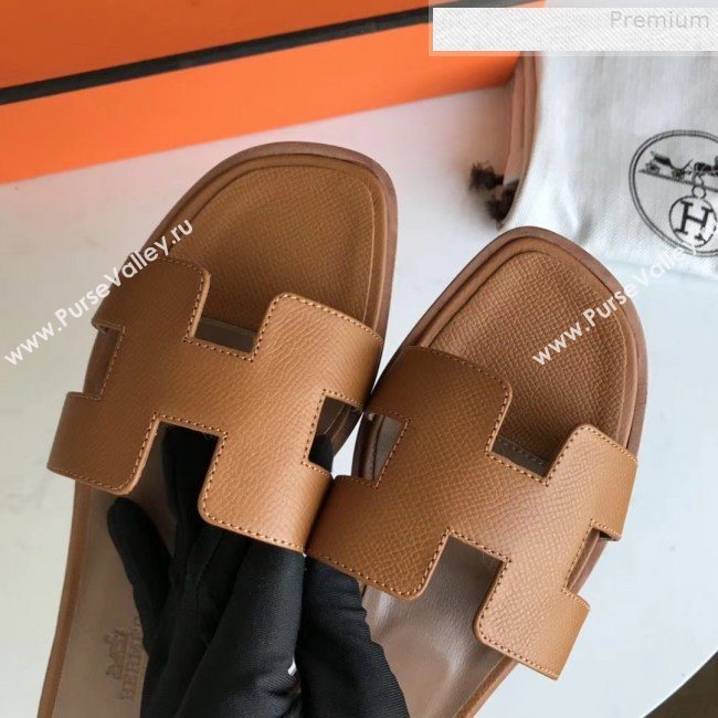 Hermes Epsom Leather Oran H Flat Slipper Sandals Brown (MD-9080621)