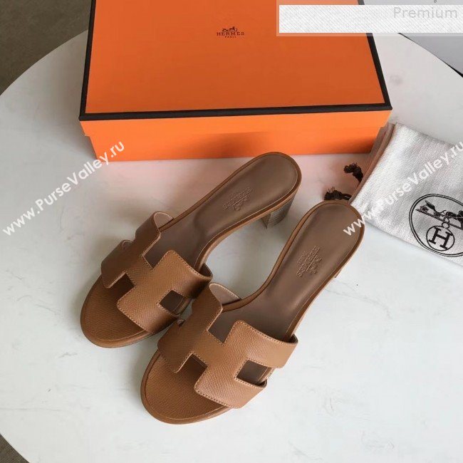 Hermes Epsom Leather Oasis Slipper Sandals With 5cm Heel Brown (MD-9080622)