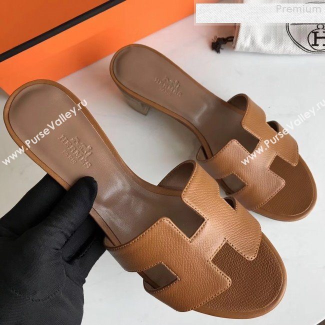 Hermes Epsom Leather Oasis Slipper Sandals With 5cm Heel Brown (MD-9080622)