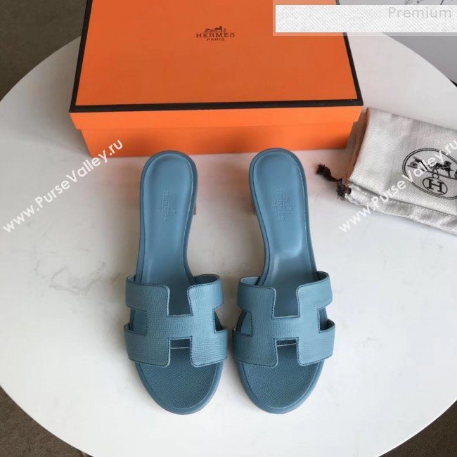 Hermes Epsom Leather Oasis Slipper Sandals With 5cm Heel Blue (MD-9080624)