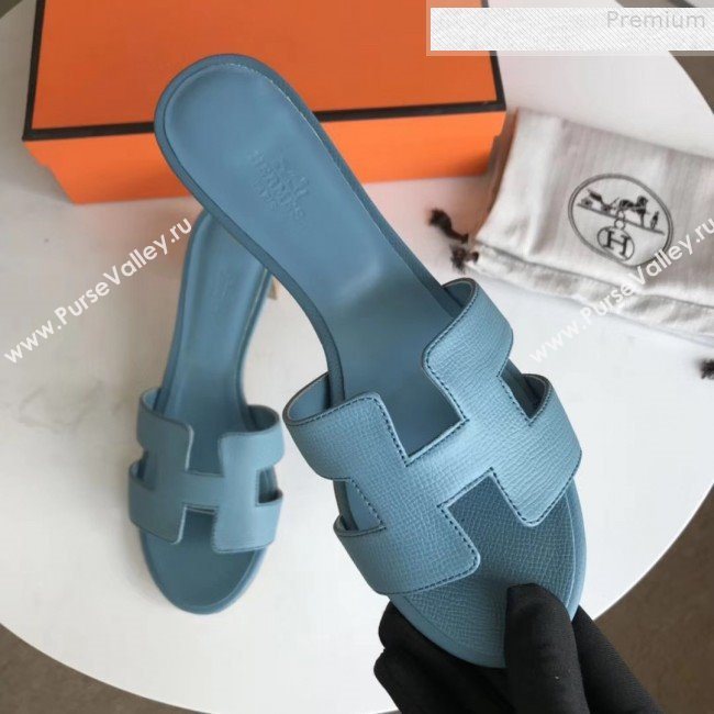 Hermes Epsom Leather Oasis Slipper Sandals With 5cm Heel Blue (MD-9080624)