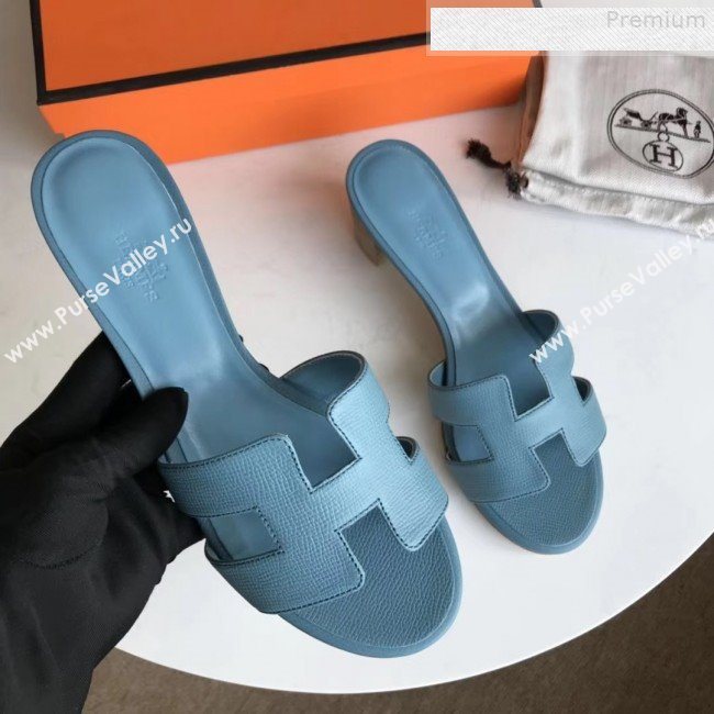 Hermes Epsom Leather Oasis Slipper Sandals With 5cm Heel Blue (MD-9080624)