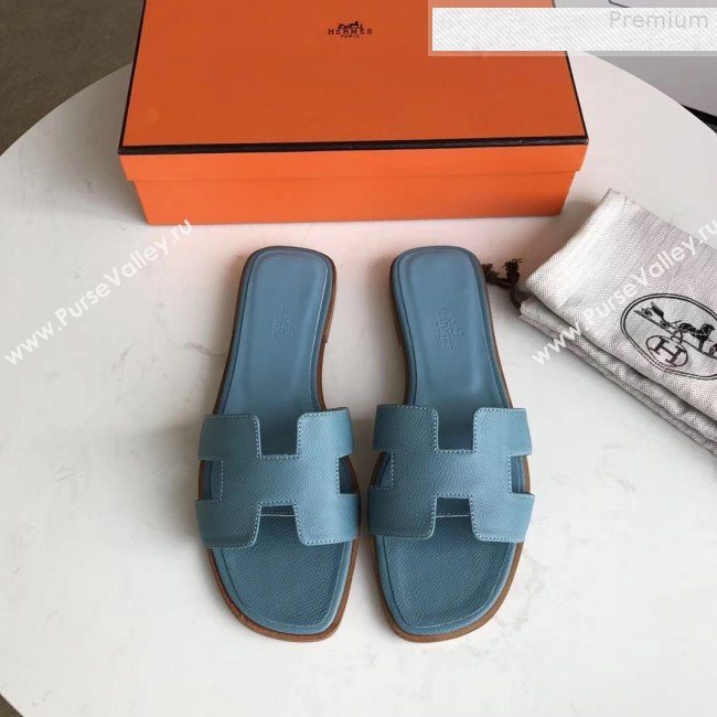 Hermes Epsom Leather Oran H Flat Slipper Sandals Blue (MD-9080623)