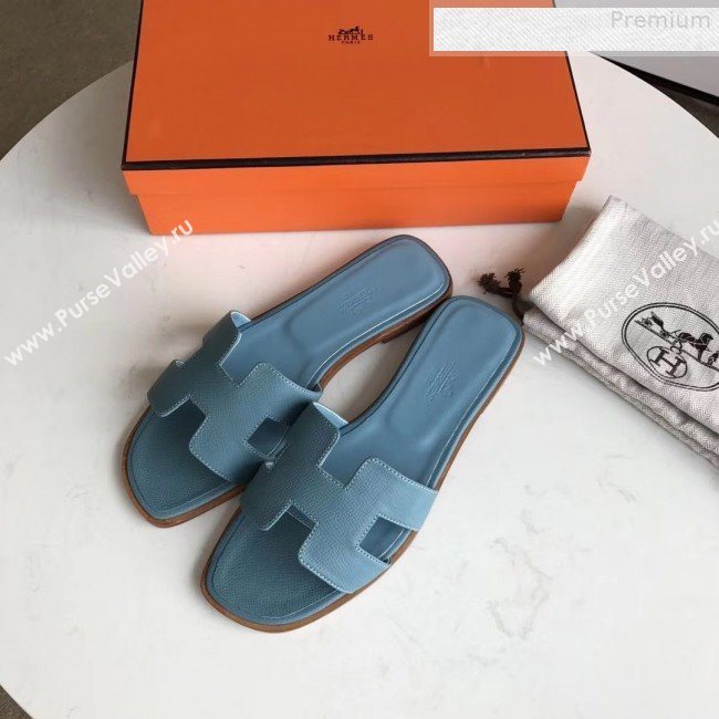 Hermes Epsom Leather Oran H Flat Slipper Sandals Blue (MD-9080623)