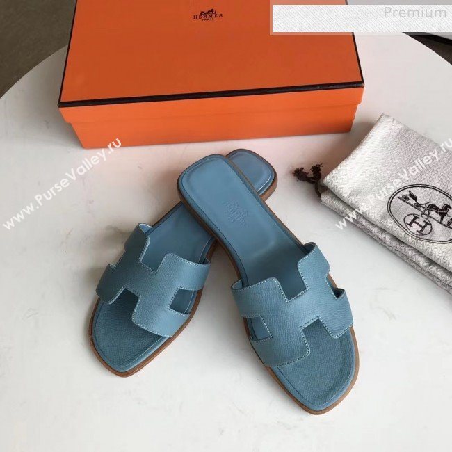 Hermes Epsom Leather Oran H Flat Slipper Sandals Blue (MD-9080623)