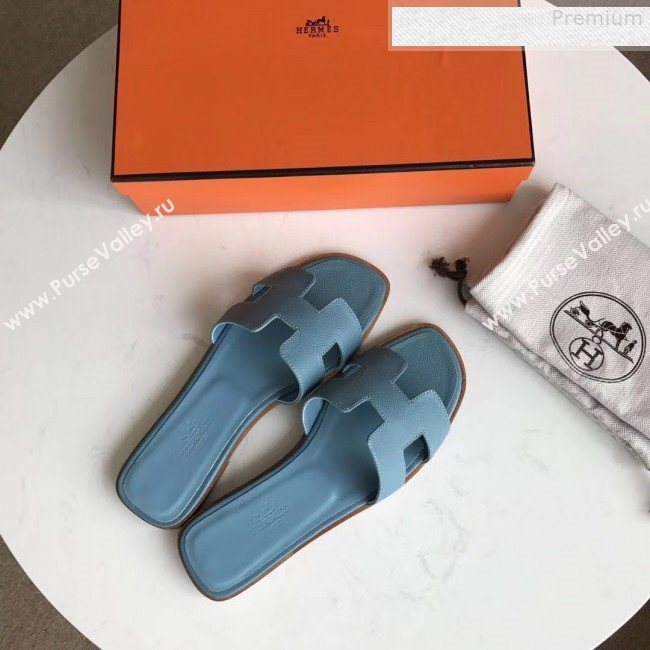 Hermes Epsom Leather Oran H Flat Slipper Sandals Blue (MD-9080623)