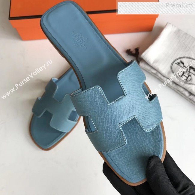 Hermes Epsom Leather Oran H Flat Slipper Sandals Blue (MD-9080623)