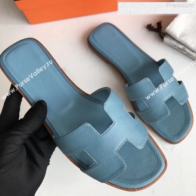 Hermes Epsom Leather Oran H Flat Slipper Sandals Blue (MD-9080623)