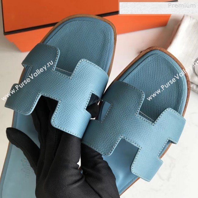 Hermes Epsom Leather Oran H Flat Slipper Sandals Blue (MD-9080623)