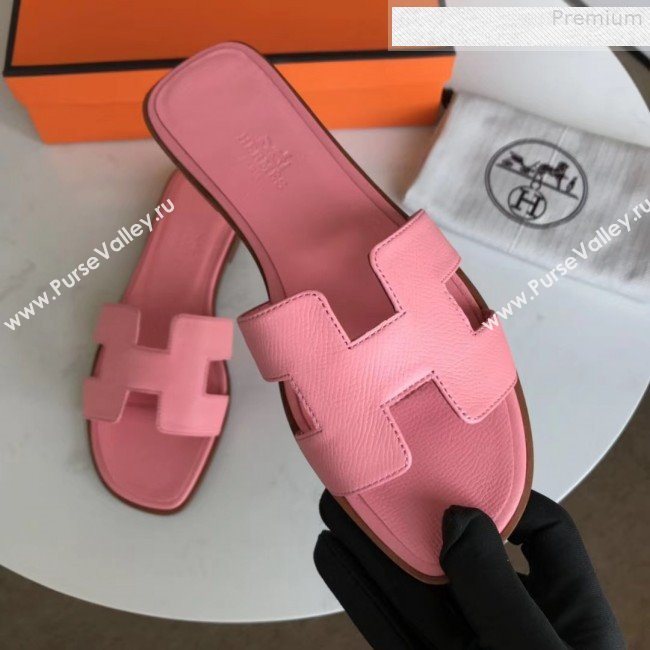 Hermes Epsom Leather Oran H Flat Slipper Sandals Pink (MD-9080626)