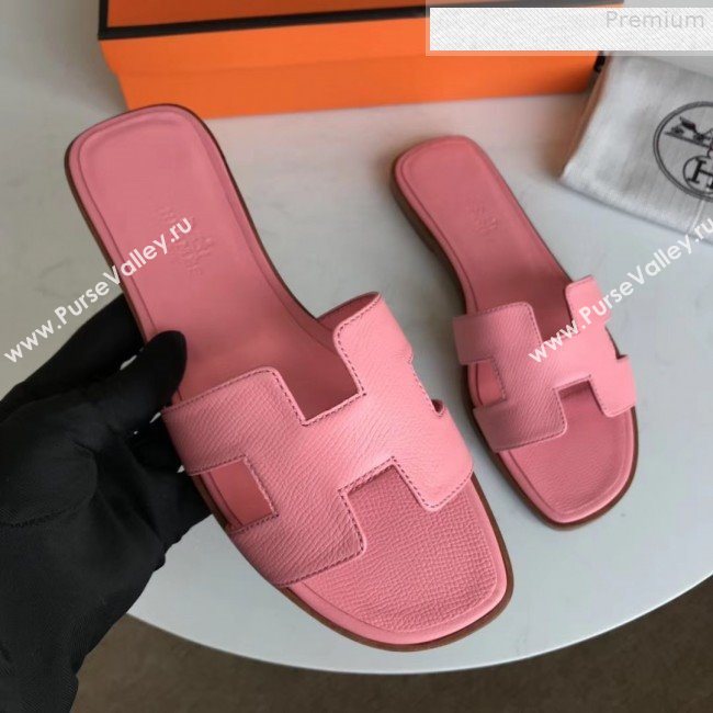 Hermes Epsom Leather Oran H Flat Slipper Sandals Pink (MD-9080626)