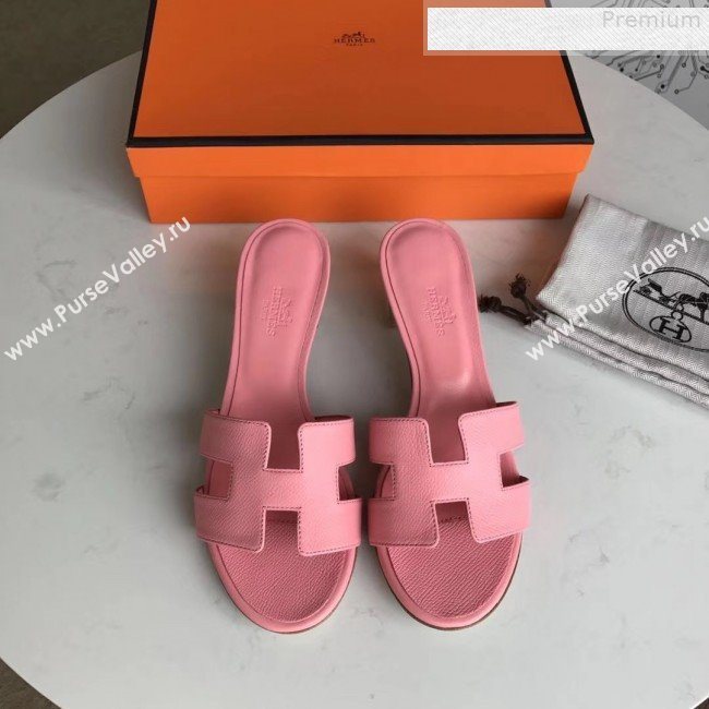 Hermes Epsom Leather Oasis Slipper Sandals With 5cm Heel Pink (MD-9080625)