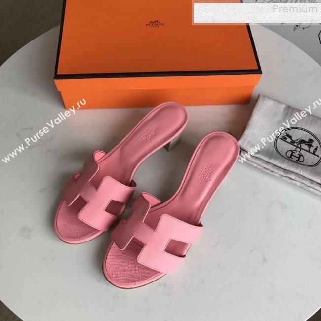 Hermes Epsom Leather Oasis Slipper Sandals With 5cm Heel Pink (MD-9080625)