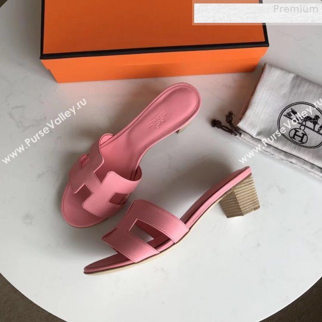 Hermes Epsom Leather Oasis Slipper Sandals With 5cm Heel Pink (MD-9080625)