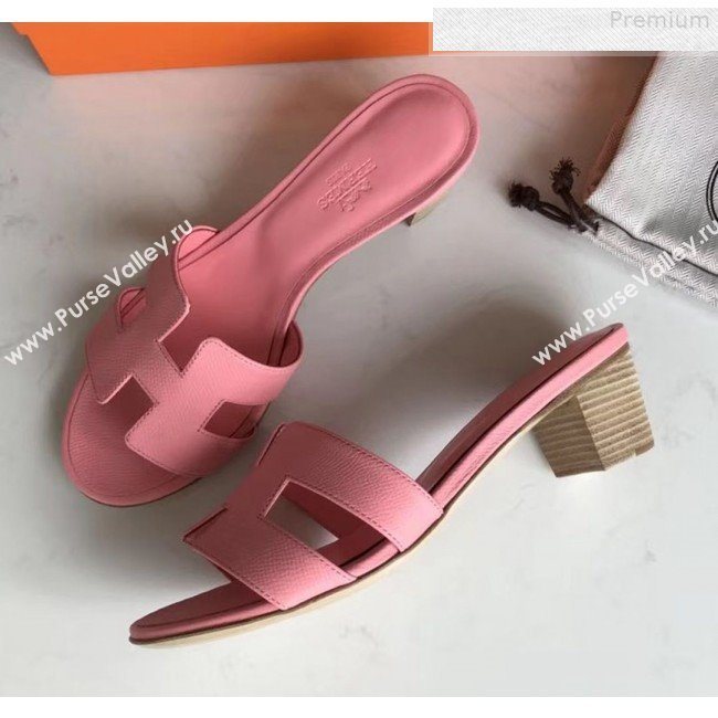 Hermes Epsom Leather Oasis Slipper Sandals With 5cm Heel Pink (MD-9080625)