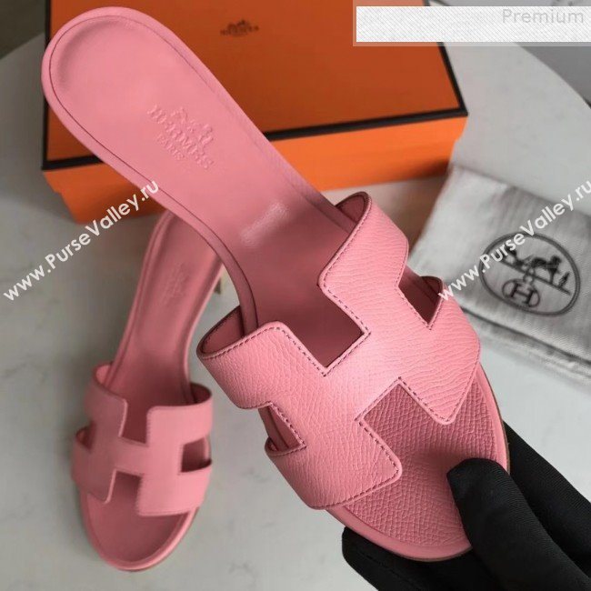 Hermes Epsom Leather Oasis Slipper Sandals With 5cm Heel Pink (MD-9080625)