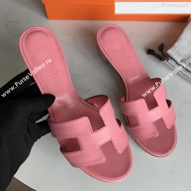 Hermes Epsom Leather Oasis Slipper Sandals With 5cm Heel Pink (MD-9080625)