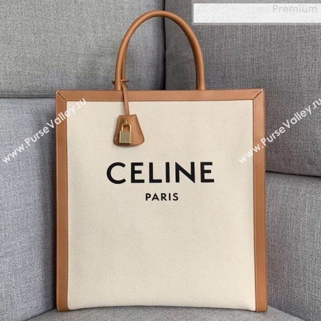 Celine Vertical Cabas Canvas Tote with Celine Print and Calfskin Natural White/Tan 2019 (XYD-9080105)