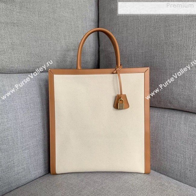 Celine Vertical Cabas Canvas Tote with Celine Print and Calfskin Natural White/Tan 2019 (XYD-9080105)