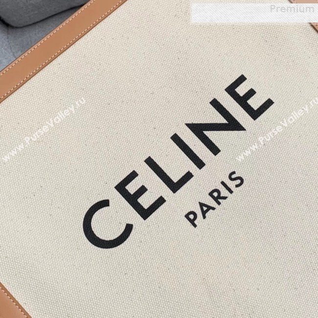 Celine Vertical Cabas Canvas Tote with Celine Print and Calfskin Natural White/Tan 2019 (XYD-9080105)