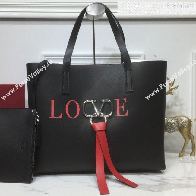 Valentino Love Large VRING Leather Shopping Tote Black 2019 (XYD-9080120)