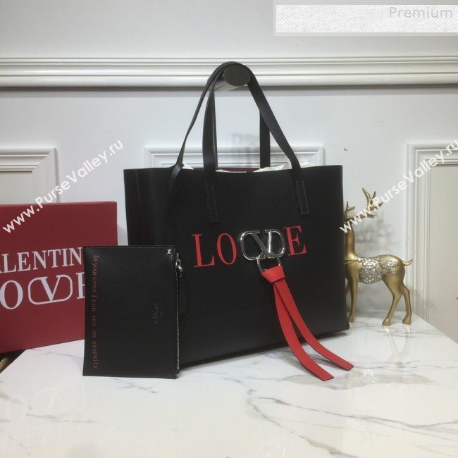Valentino Love Large VRING Leather Shopping Tote Black 2019 (XYD-9080120)