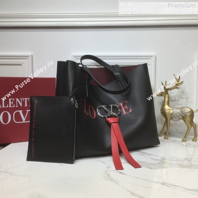 Valentino Love Large VRING Leather Shopping Tote Black 2019 (XYD-9080120)