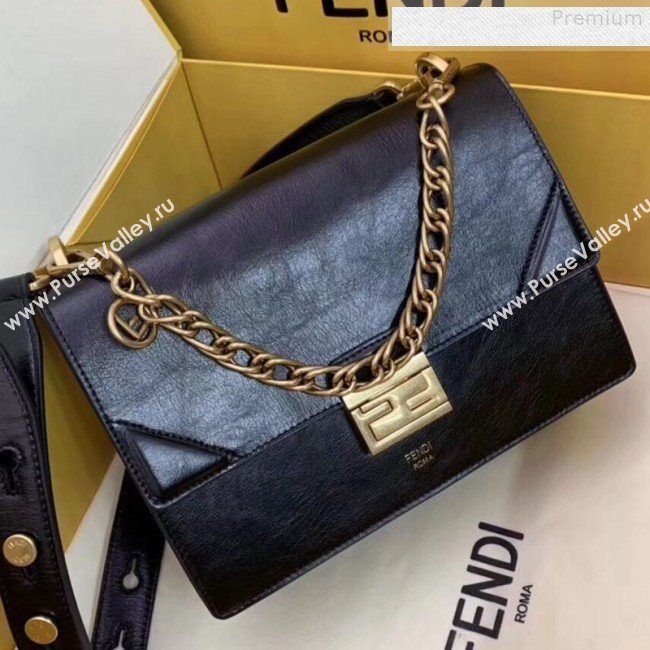 Fendi Kan U Medium Vintage Calfskin Embossed Corners Flap Bag Black 2019 (AFEI-9080131)