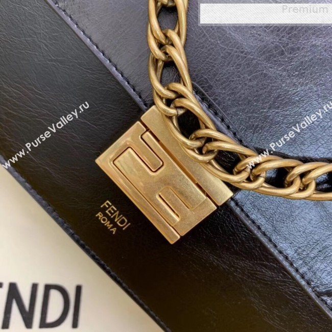 Fendi Kan U Medium Vintage Calfskin Embossed Corners Flap Bag Black 2019 (AFEI-9080131)