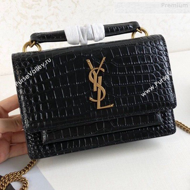 Saint Laurent Sunset Chain Wallet in Shiny Crocodile Embossed Leather 533026 Black/Gold 2019 (KTS-9080159)