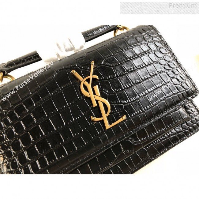 Saint Laurent Sunset Chain Wallet in Shiny Crocodile Embossed Leather 533026 Black/Gold 2019 (KTS-9080159)