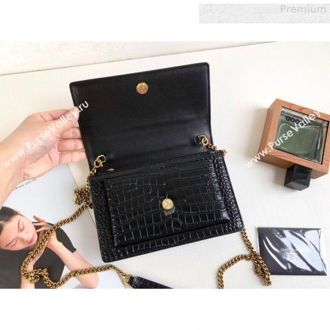 Saint Laurent Sunset Chain Wallet in Shiny Crocodile Embossed Leather 533026 Black/Gold 2019 (KTS-9080159)