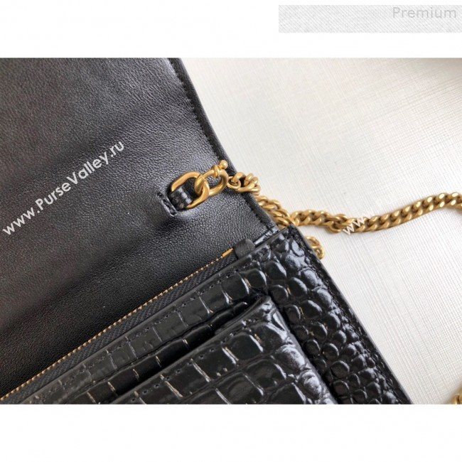 Saint Laurent Sunset Chain Wallet in Shiny Crocodile Embossed Leather 533026 Black/Gold 2019 (KTS-9080159)