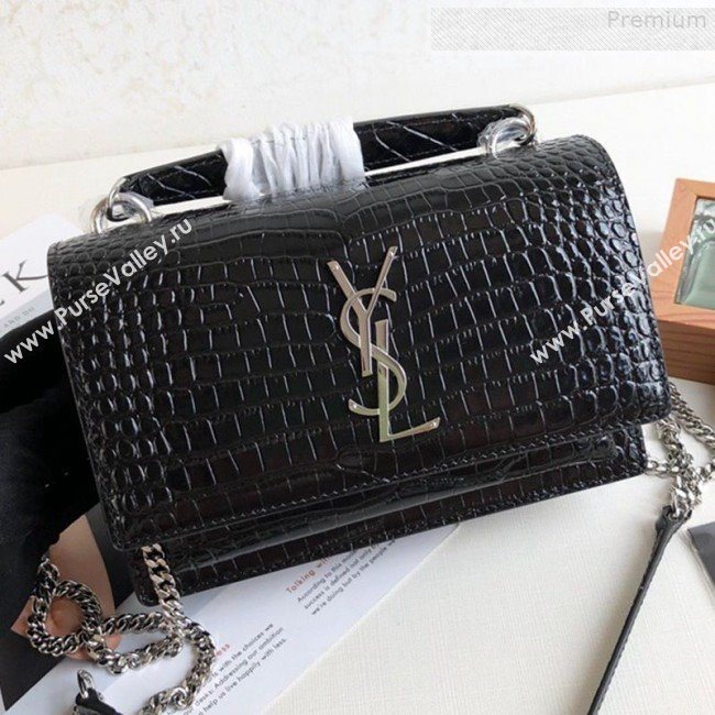 Saint Laurent Sunset Chain Wallet in Shiny Crocodile Embossed Leather 533026 Black/Silver 2019 (KTS-9080160)