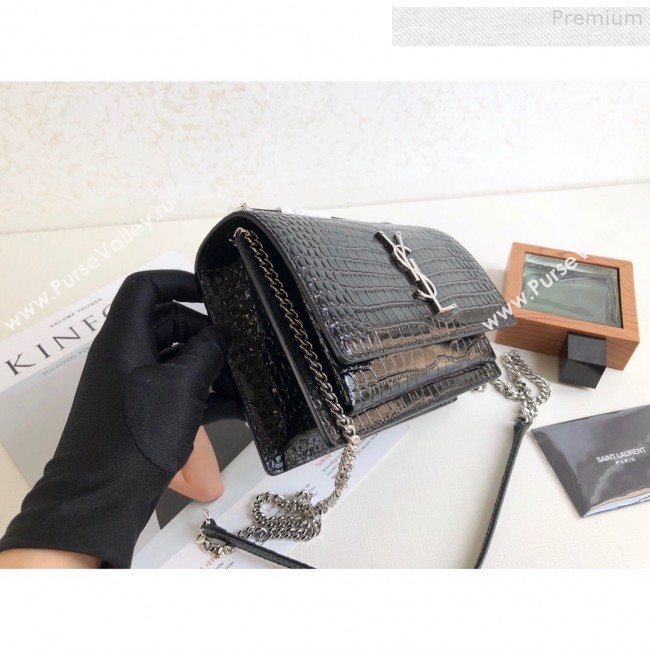 Saint Laurent Sunset Chain Wallet in Shiny Crocodile Embossed Leather 533026 Black/Silver 2019 (KTS-9080160)