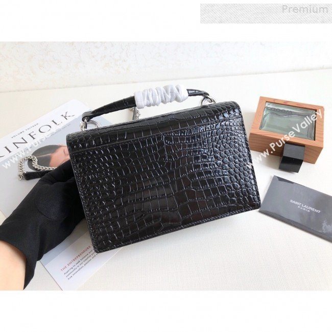 Saint Laurent Sunset Chain Wallet in Shiny Crocodile Embossed Leather 533026 Black/Silver 2019 (KTS-9080160)