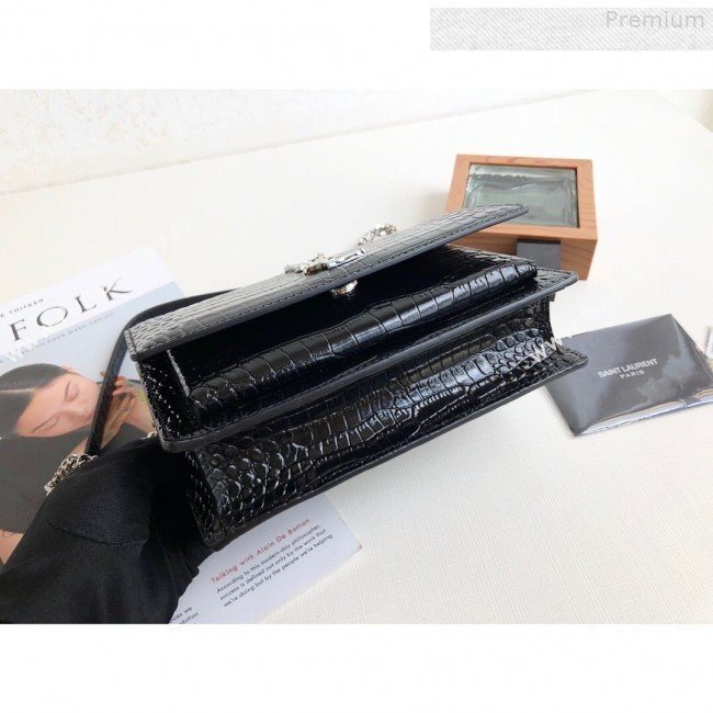 Saint Laurent Sunset Chain Wallet in Shiny Crocodile Embossed Leather 533026 Black/Silver 2019 (KTS-9080160)