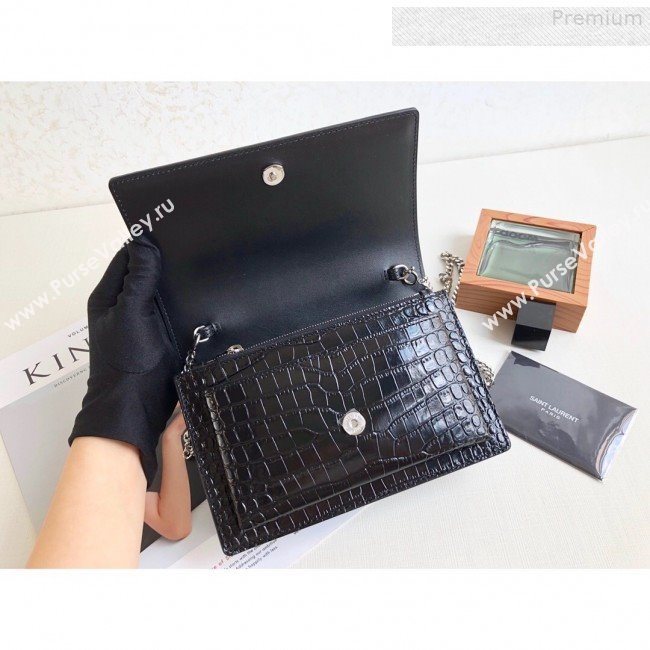 Saint Laurent Sunset Chain Wallet in Shiny Crocodile Embossed Leather 533026 Black/Silver 2019 (KTS-9080160)