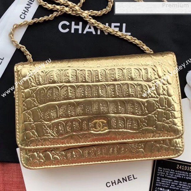 Chanel Metallic Crocodile Embossed Calfskin Classic Wallet on Chain WOC A33814 Gold 2019 (JIYUAN-9073138)