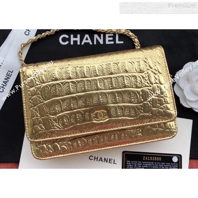 Chanel Metallic Crocodile Embossed Calfskin Classic Wallet on Chain WOC A33814 Gold 2019 (JIYUAN-9073138)