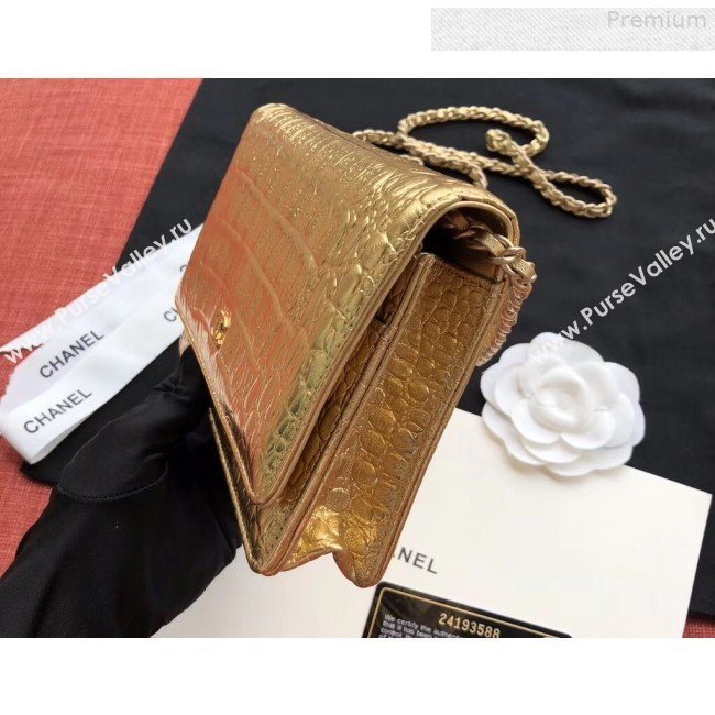 Chanel Metallic Crocodile Embossed Calfskin Classic Wallet on Chain WOC A33814 Gold 2019 (JIYUAN-9073138)